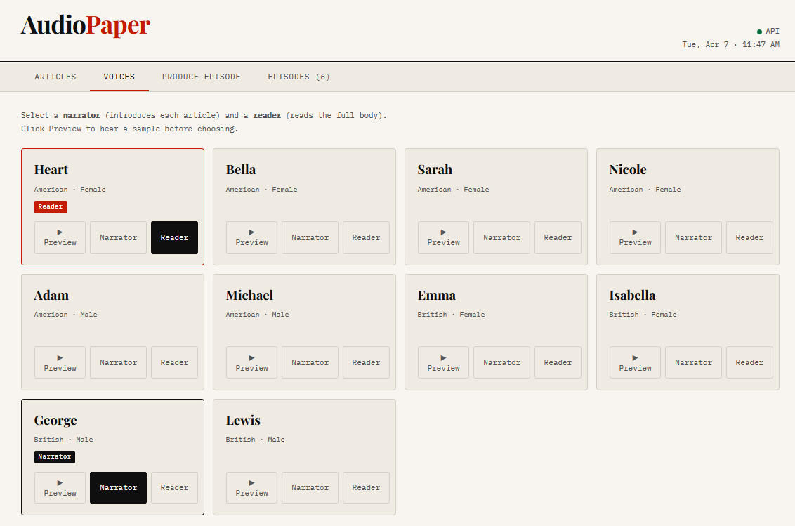 Voice selection screen showing narrator and reader options