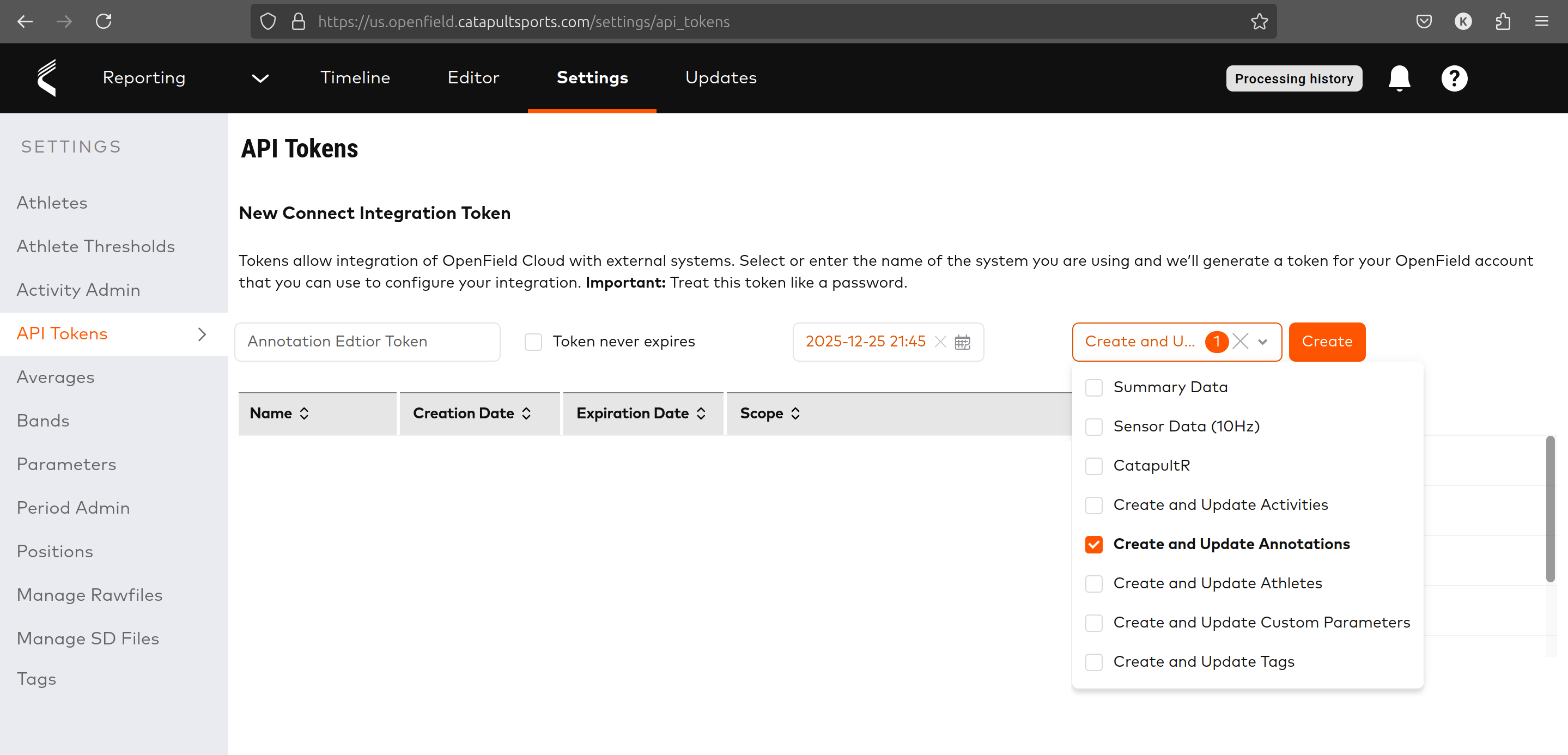 Catapult API Token settings screen